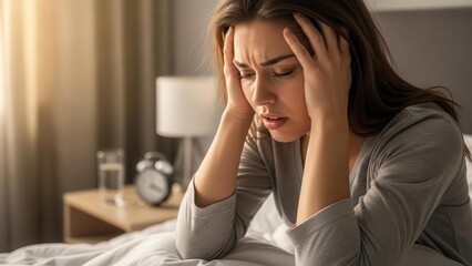 Fototapeta premium A distressed young woman suffering from a severe headache or stress, sitting on her bed in the morning.