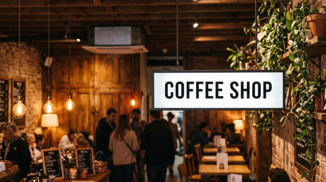 Coffee shop hanging sign inside modern cafe interior with warm lights