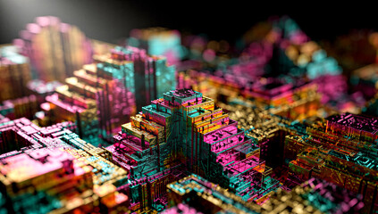 Obraz premium Abstract geometric city of glowing metallic blocks, an intricate digital landscape shimmering with vibrant neon colors and complex crystalline forms