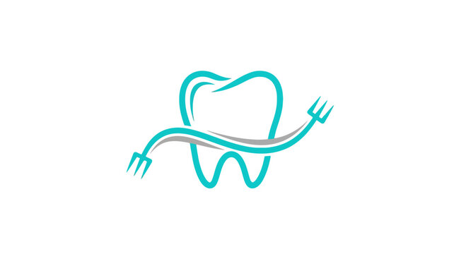 Dental Care Clinic Logo Featuring Tooth And Swoosh Fork Symbol On White Background