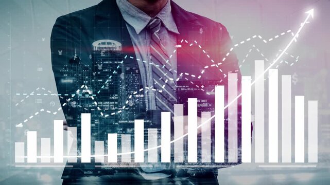A business professional stands confidently with arms crossed in front of bar graphs and a city skyline, symbolizing growth and successful investment strategies. Copula