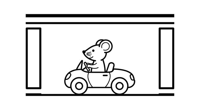 Cute cartoon mouse driving a convertible car on a road, black and white line art