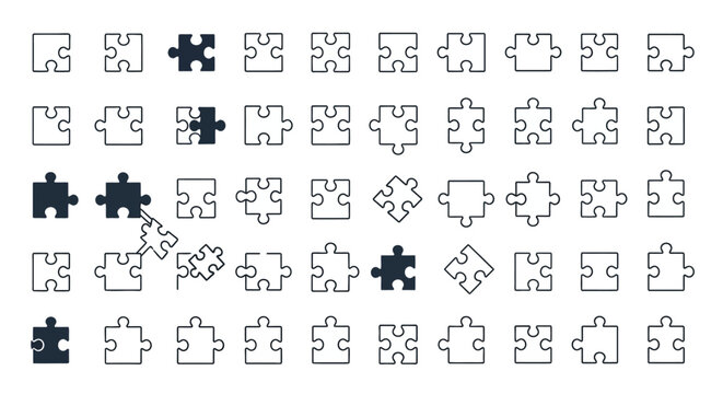 Set of minimalist jigsaw puzzle piece outline and silhouette icons