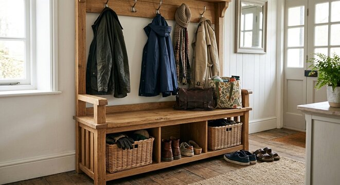Entryway bench with baskets shoes coats and reusable bags ready for the week