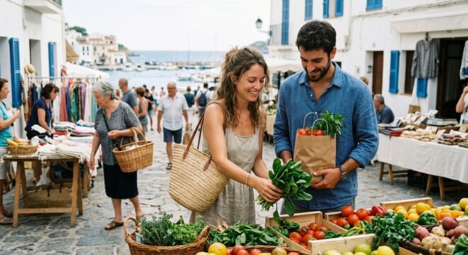 Couple shopping at a neighborhood market during a long stay in a coastal town