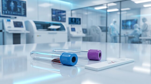 Medical research laboratory with blood collection tubes and rapid diagnostic test on clean table