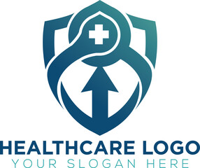 Obraz premium Healthcare Shield Logo with Medical Cross and Upward Arrow Concept