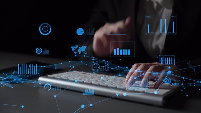 A business professional types on a keyboard, immersed in a dark office space surrounded by graphics representing data visualization and analytics, hinting at modern technology. Xenic