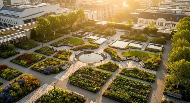 Vue a&eacute;rienne d'un jardin sur le toit pr&eacute;sentant une grande vari&eacute;t&eacute; de plantes et baign&eacute; de lumi&egrave;re naturelle.
