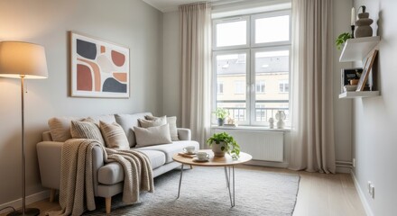 Intérieur de salon chaleureux aux couleurs neutres, lumière naturelle et design moderne