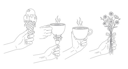 Naklejka premium Minimalist Line Art Hands Holding Ice Cream, Coffee Cups, and Flower Bouquet