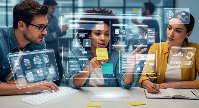 Groupe diversifi&eacute; collaborant autour d'une interface virtuelle repr&eacute;sentant des donn&eacute;es et des concepts