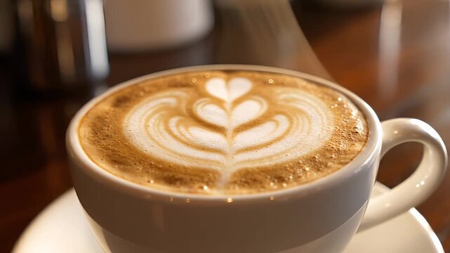 Close up of a delicious latte with intricate foam art in a white cup.