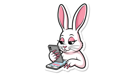 Obraz premium Cute cartoon rabbit character using a smartphone.