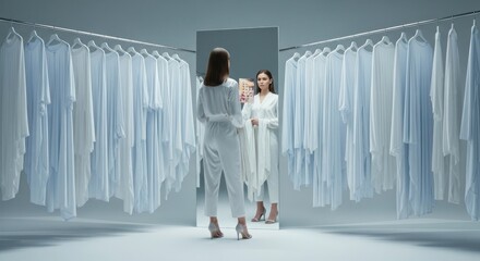 Une femme s'admire dans un miroir entourée d'un étalage de vêtements blancs