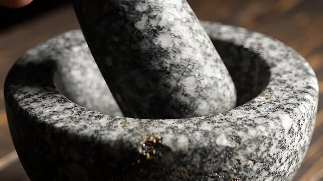 Close up of a granite mortar and pestle on a wooden surface.