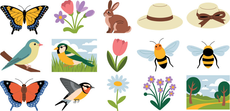 Colorful spring nature collection with butterflies birds flowers bees rabbit and garden hats for seasonal botanical design and postcards