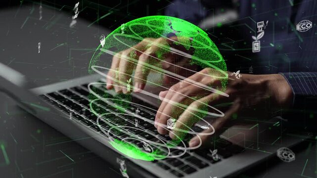 A close-up view of hands typing on a laptop featuring a digital globe in vibrant green, symbolizing sustainability and the global commitment to environmental consciousness. Xenic