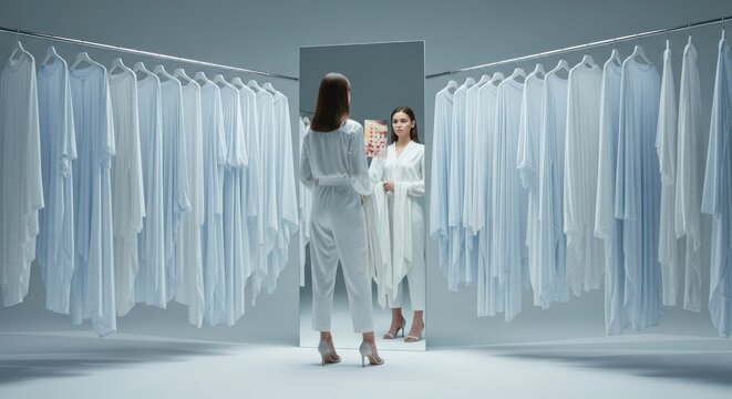 Une femme s'admire dans un miroir entour&eacute;e d'un &eacute;talage de v&ecirc;tements blancs