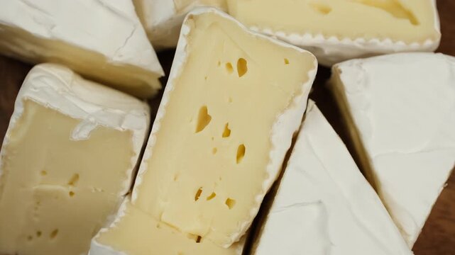 White soft moldy cheese brie or camembert on wooden plate, rotation