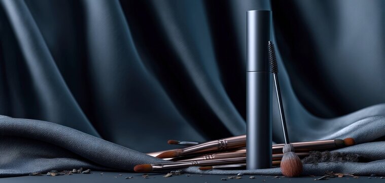 Mascara tube and brushes on dark textured fabric background with beauty product
