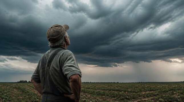 Farmer watches a storm approach over a field. Expectation of rain.