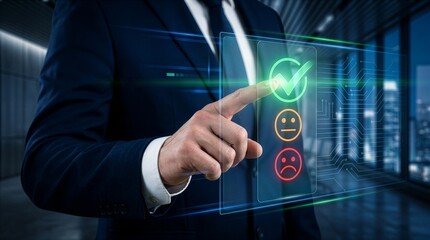 Fototapeta premium Customer Satisfaction Concept. Businessman selecting positive feedback icon on digital interface to evaluate service quality, improve customer experience, and enhance company