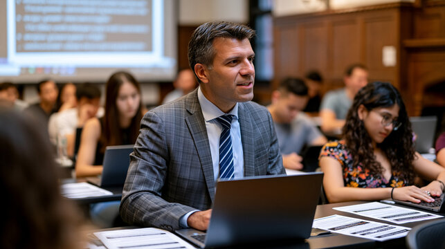 International cyber law professor delivering a treaty obligations lecture to a graduate seminar of policy students, projected article citations from multilateral cybersecurity agreements filling the
