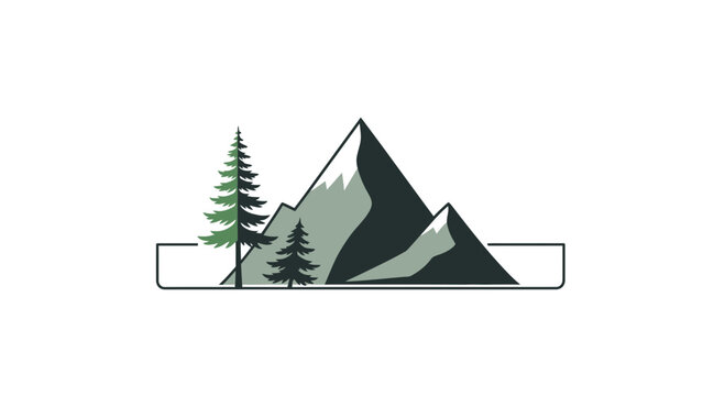 Minimalist mountain landscape with pine trees and a clean outline frame, vector logo design