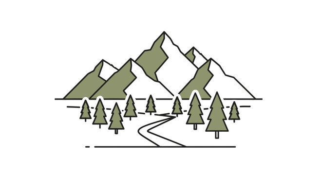 Minimalist Mountain Landscape with Pine Trees and Winding Road