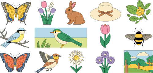 Obraz premium Colorful spring nature collection with butterflies birds flowers bees rabbit and garden hats for seasonal botanical design 