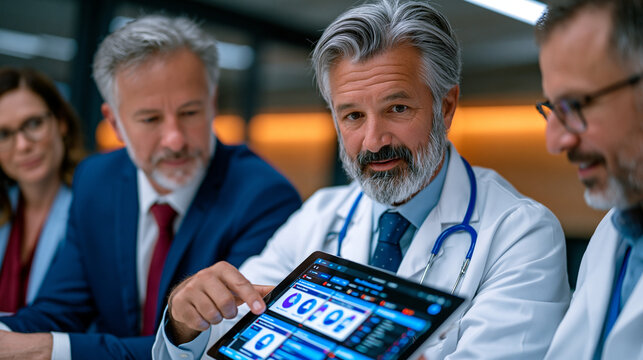 Privacy compliance technology officer demonstrating a consent management platform to a hospital administration team in a healthcare boardroom, a tablet displaying patient data preference dashboards,