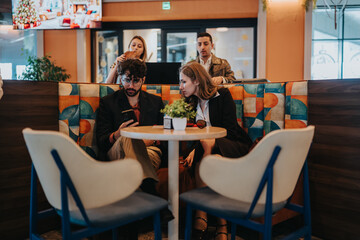 Two business colleagues sit in a colorful cafe booth and look at a smartphone together. A casual...