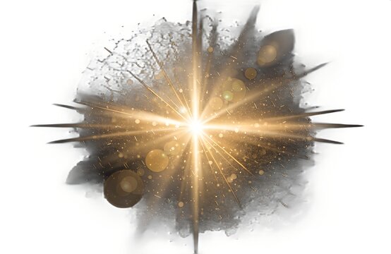 Glowing Golden Star Light Burst with Sun Rays Bokeh Sparkle and Lens Flare on an isolated Background