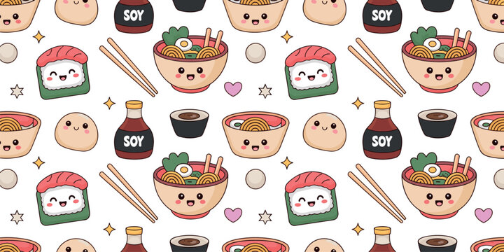 Seamless pattern of cute asian food characters featuring smiling ramen bowls sushi dumplings and soy sauce for restaurant wallpaper