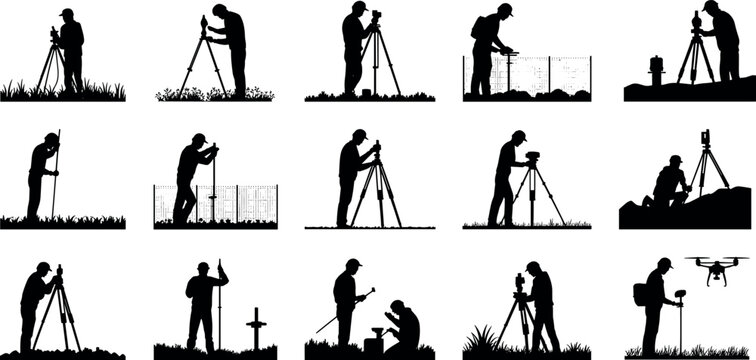 Land surveyor and civil engineering silhouette icon set featuring workers with theodolite total station tripod drone and measurement equipment