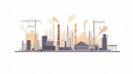 Obraz premium Industrial factory skyline with smokestacks, construction cranes and urban manufacturing infrastructure illustration