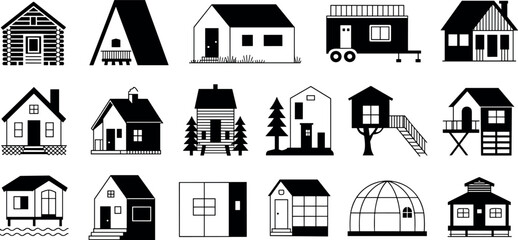 Collection of tiny house and cabin silhouette icons featuring a-frame log cabins treehouse dome and trailer for alternative living © MdAbdur