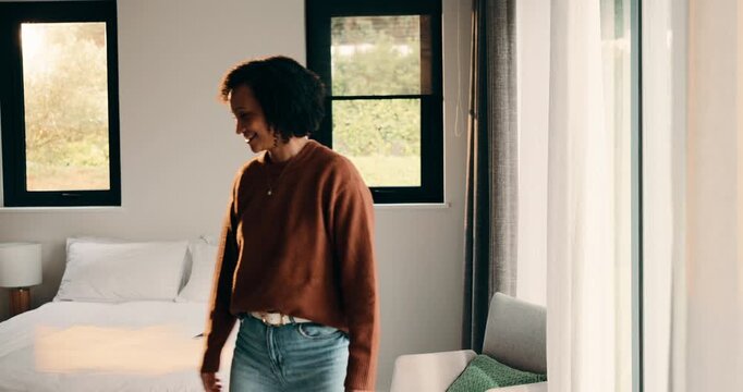 Thinking, smile and curtain with woman in bedroom in home for reflection, morning start and calm. Peace, happiness and window with mature person in apartment for perspective, mindset and relax