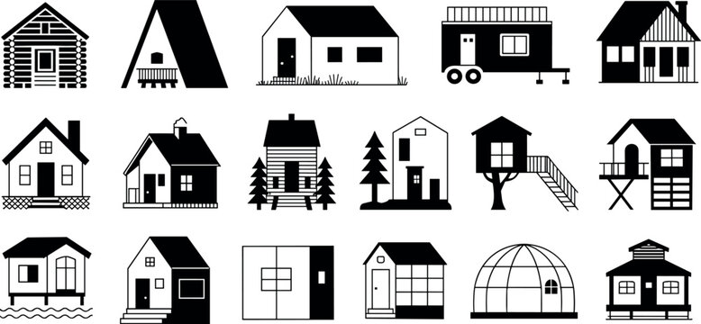 Collection of tiny house and cabin silhouette icons featuring a-frame log cabins treehouse dome and trailer for alternative living