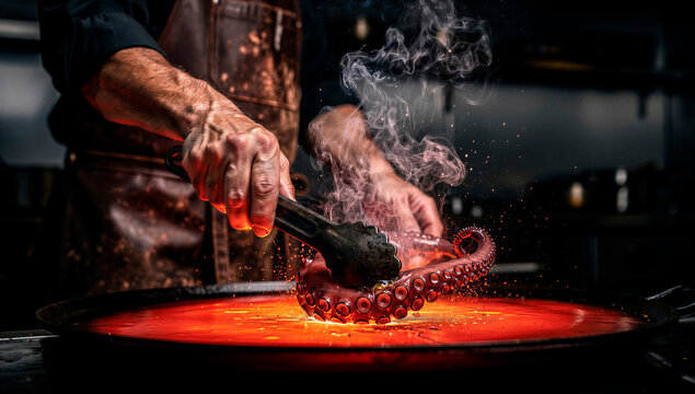 Chef skillfully prepares a sizzling octopus with tongs over a glowing hot surface, steam rising