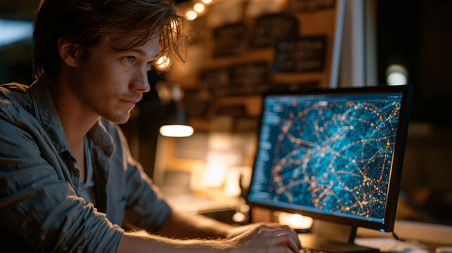 Dark web analyst in an underground financial crimes unit reviewing cryptocurrency transaction trails on an isolated air-gapped workstation, transaction graph visualizations covering the screen, cork