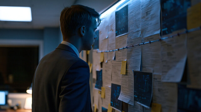 Dark web marketplace product listing evidence board mounted in a law enforcement cyber investigations office, printed screenshots annotated by analysts, case timeline strung across the board, an inv