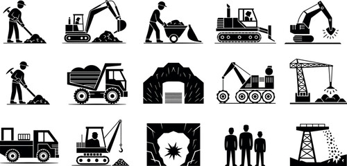 Mining and heavy industry silhouette icon set featuring excavators dump trucks miners machinery cave tunnels and construction equipment symbols © MdAbdur