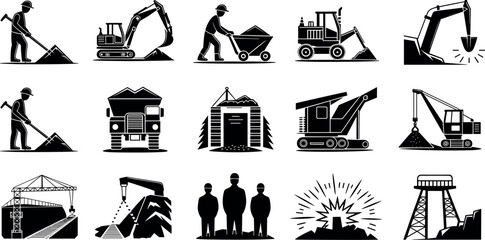 Mining and heavy industry silhouette icon set featuring excavators dump trucks miners machinery cave tunnels and construction equipment symbols © MdAbdur