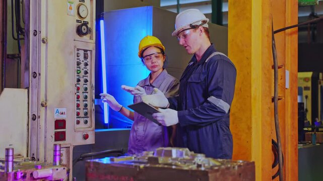 Industrial factory engineer technician machine inspection and control panel safety helmet protective eyewear workers checking equipment with tablet checklist and clipboard factory workshop for safety