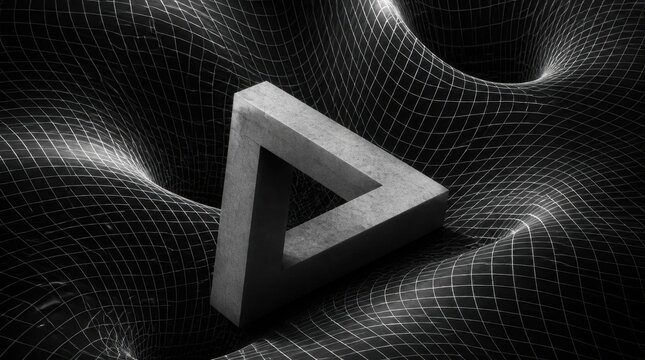 Impossible triangle optical illusion, Penrose triangle, abstract 3d render with a paradox concept, mind bending geometry.