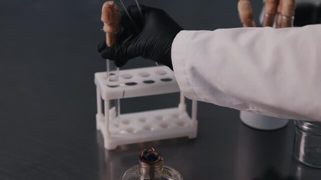 Laboratory technician placing sample test tube into rack close up