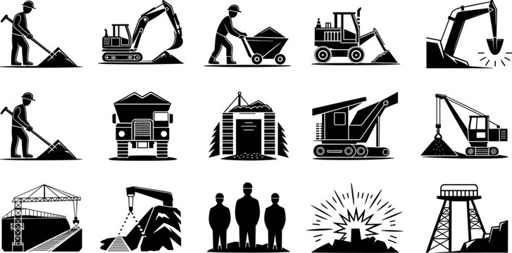 Mining and heavy industry silhouette icon set featuring excavators dump trucks miners machinery cave tunnels and construction equipment symbols