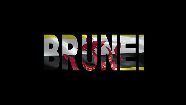 Brunei country name in bold 3D letters with national flag colors and textures on dark background